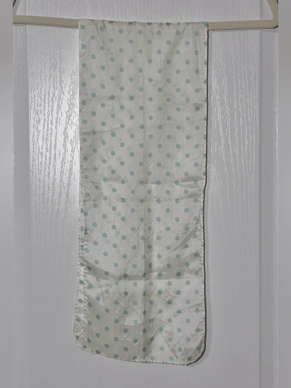 50s Polka Dot Satin Rectangular Scarf 42”L White & Aqua Vintage